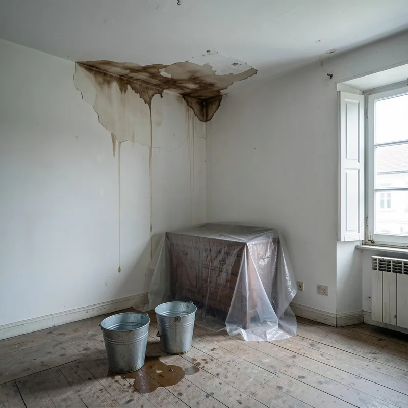 Auréole d&rsquo;infiltration sur un plafond blanc avec seau posé au sol dans une maison ancienne, lumière de jour pluvieux