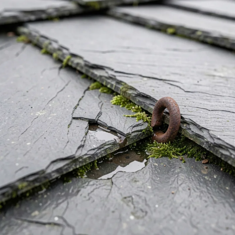 Ardoises fendues et crochet rouillé sur un versant de toiture normande vus de près, mousse dans les recouvrements
