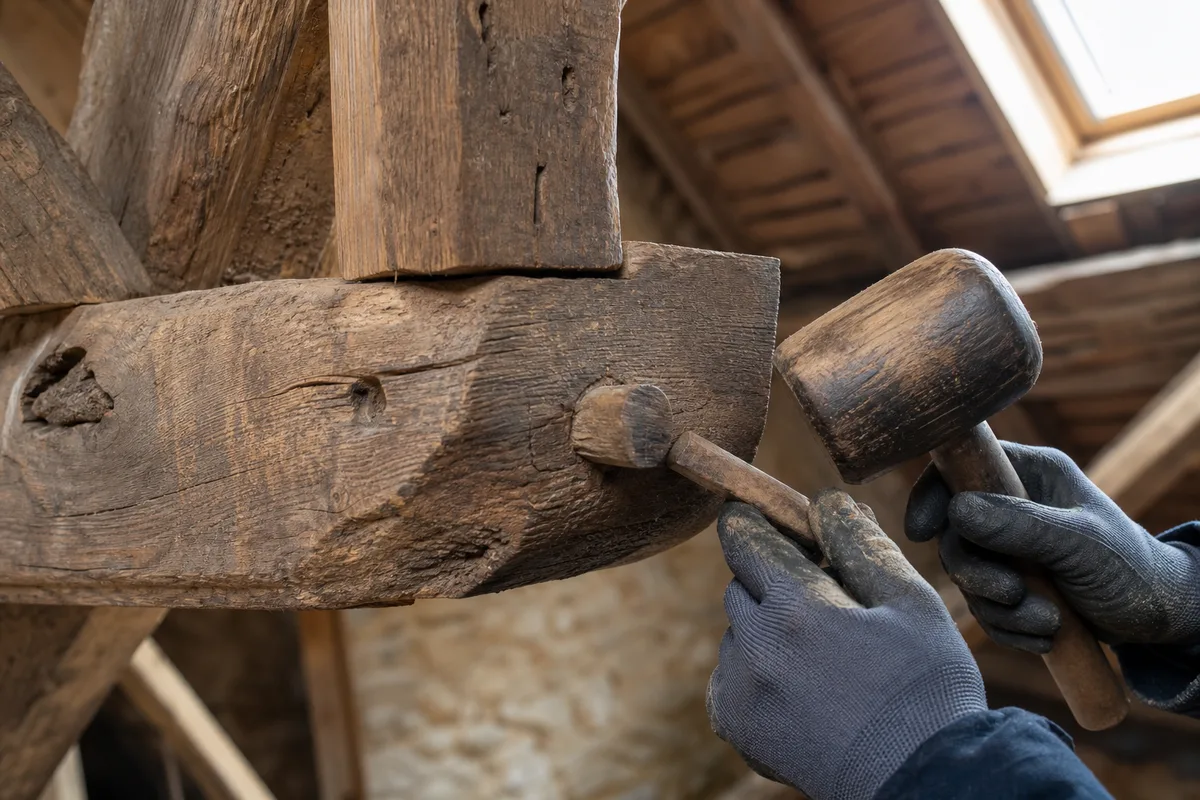 Charpente traditionnelle en chêne d&rsquo;une longère normande, poutres et entraits assemblés vus en combles