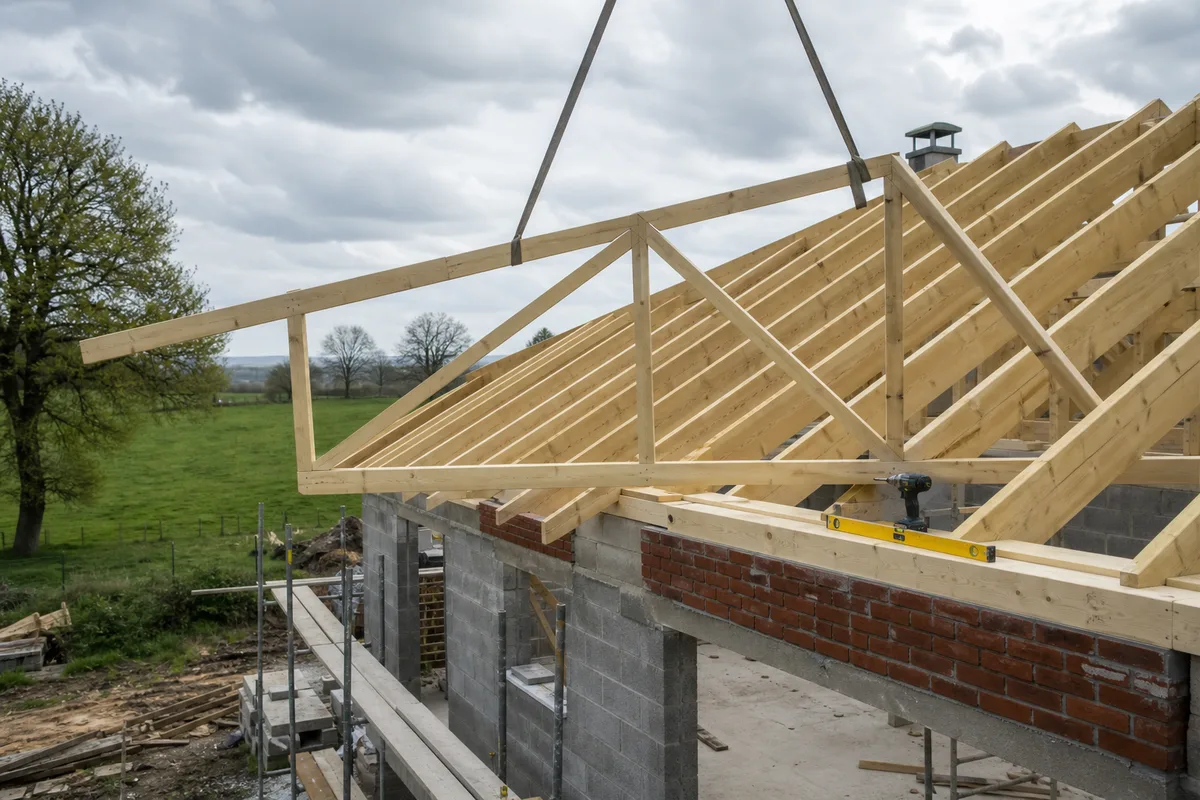Charpentier posant une fermette en bois résineux sur une extension de pavillon, sangles et niveau visibles