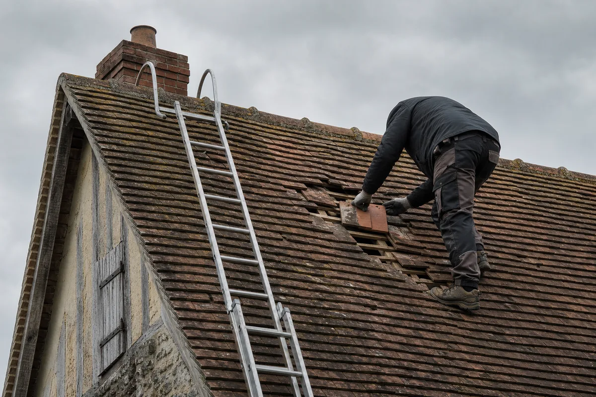 Couvreur remplaçant des tuiles sur un toit de maison normande dans l&rsquo;Orne, échelle de couvreur et ciel gris