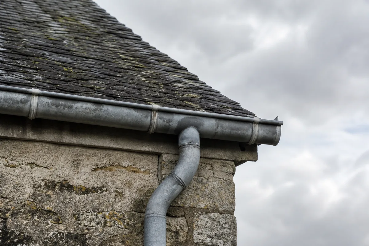 Vue rapprochée d&rsquo;une toiture en ardoise avec gouttière en zinc sous ciel nuageux normand, mousse sur les versants nord