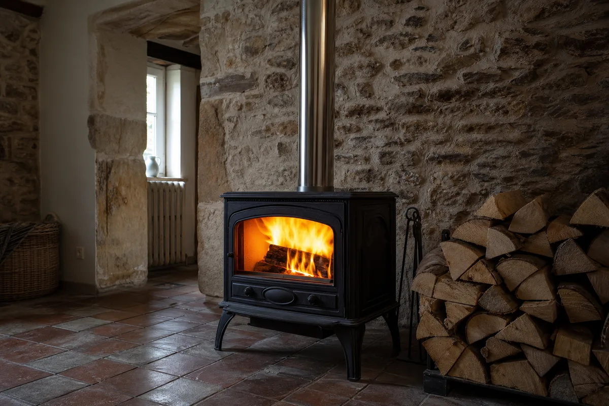 Poêle à bois en fonte allumé dans un séjour d&rsquo;une maison en pierre du bocage de l&rsquo;Orne, conduit d&rsquo;évacuation et bûches empilées à côté