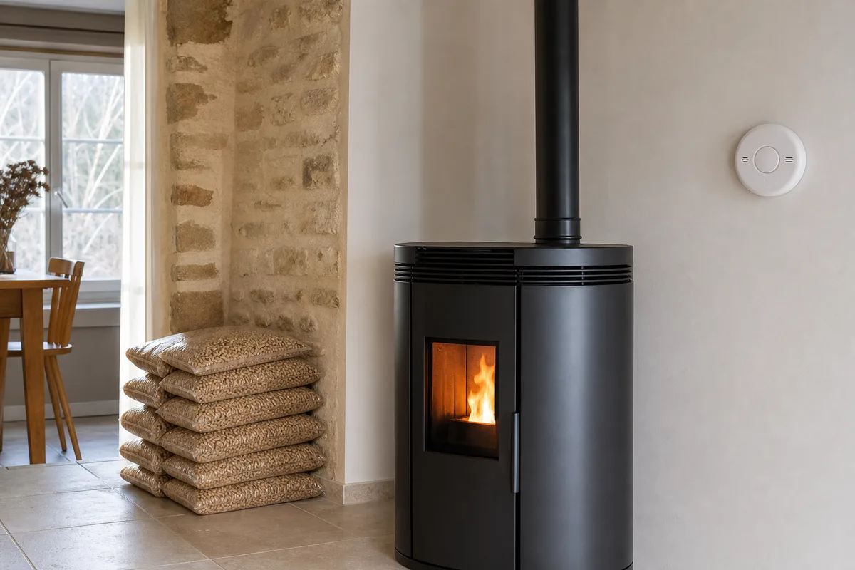 Détecteur de monoxyde de carbone fixé au mur près d&rsquo;un poêle à granulés dans un intérieur d&rsquo;une maison normande, réserve de sacs de pellets visible