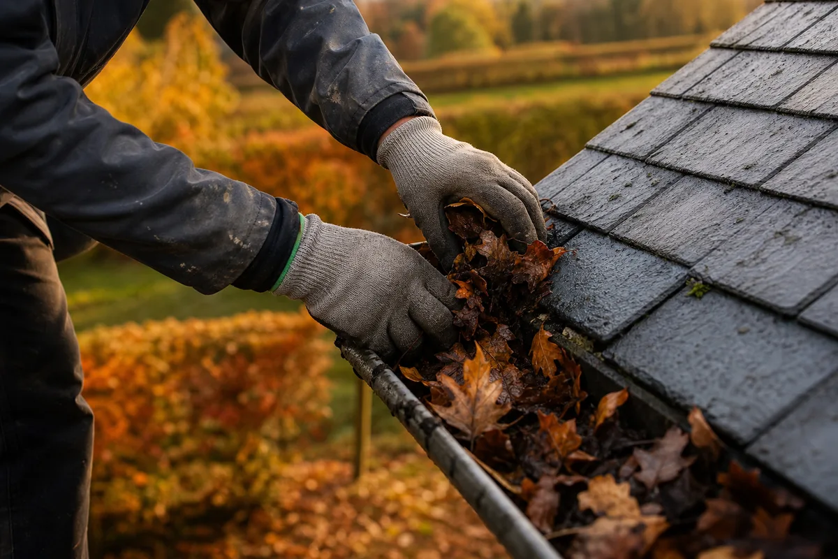 Artisan nettoyant une gouttière encombrée de feuilles mortes en automne sur une toiture du bocage normand